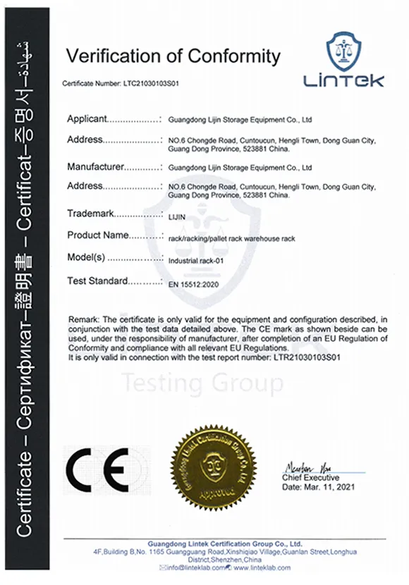 CE EN15512 storage racking certificate for Golden Rack warehouse racking manufacturer