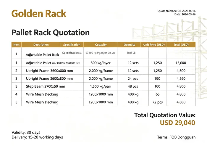 Storage solution quotation sheet for warehouse racking project